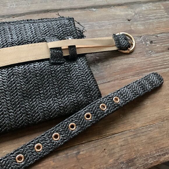 Black belted bohemian boho bag small medium Fanny pack belt bag straw main image 7